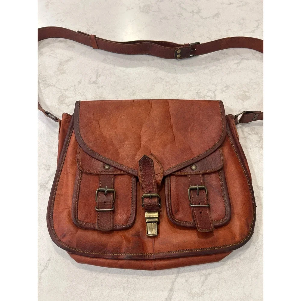 Komals Passion Leather Messenger Bag Brown Vintage Crossbody Satchel Mens
